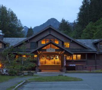 The Sol Duc Hot Springs main lodge at dusk. Olympic National Park
