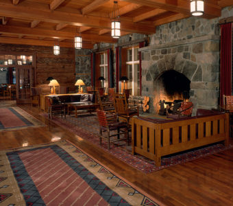 A peek inside the cozy Crater Lake Lodge dining room.